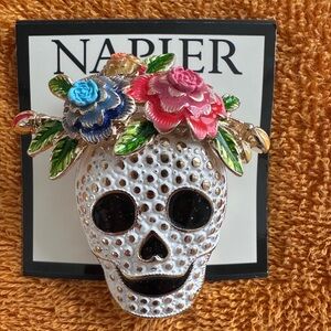 Napier Colorful Skull Brooch with Floral Design